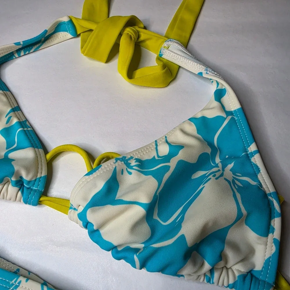 Athleta Bikini Set Medium Blue Floral Tropical Hibiscus Y2K Coastal Swim Suit - Picture 4 of 7